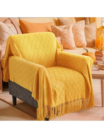 بطانية محبوكة فاخرة بلون أصفر خردلي مزينة بشرابات - بطراز اسكندنافي ، قابلة للعكس ،مناسبة لجميع الفصول ، سهلة التنظيف ، بنمط هندسي، هدية عطلة مثالية ، ديكور منزلي مريح