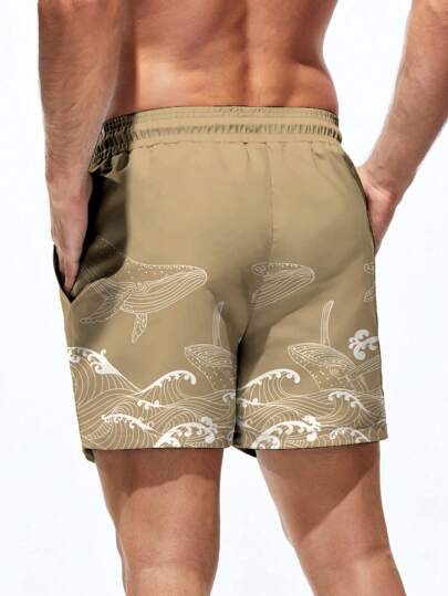 Manfinity Swimmode سروال كاجوال صيفي مطبوع بصورة الحوت، خصر مطاطي بسحاب للشاطئ