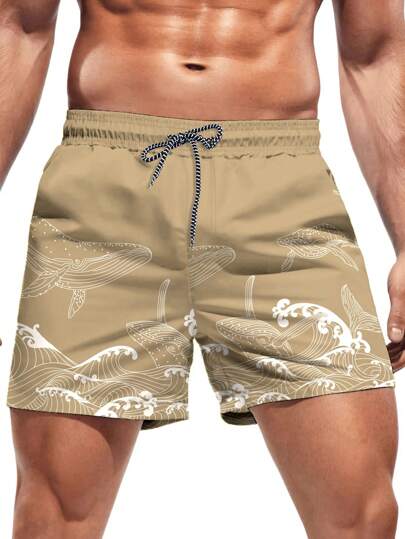 Manfinity Swimmode سروال كاجوال صيفي مطبوع بصورة الحوت، خصر مطاطي بسحاب للشاطئ