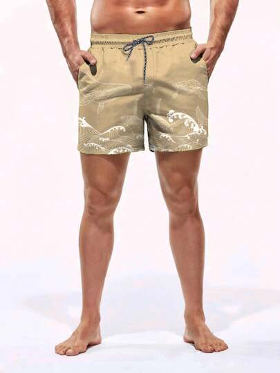 Manfinity Swimmode سروال كاجوال صيفي مطبوع بصورة الحوت، خصر مطاطي بسحاب للشاطئ