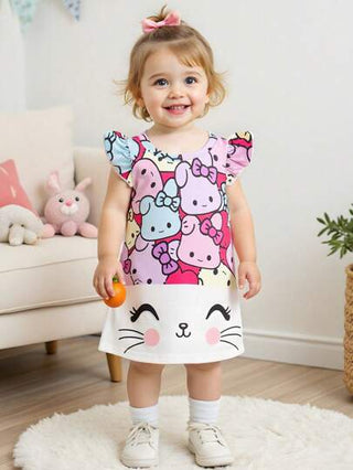 فساتين بيبي فستان فرملي للأطفال البنات بطباعة أرنب كرتوني جميل، أكمام قصيرة، مناسب للربيع والصيف