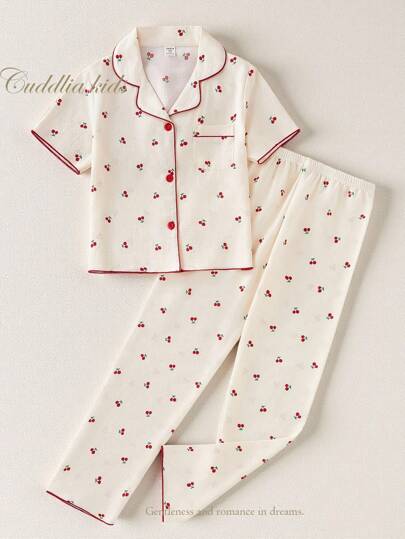 بيجاما بنطلون طويل وبلوزة قصيرة الأكمام فضفاضة مجموعة بيجاما مكونة من قطعتين للفتيات في سن المراهقة مزخرف بطباعة الكرز البرتقالي الجميلة