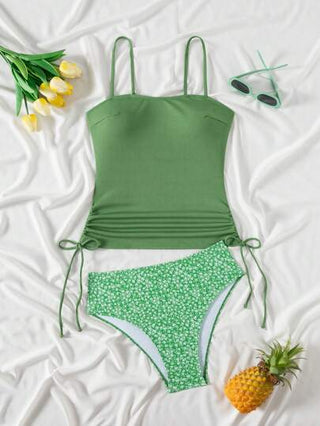 طقم تانكيني حريمي Swim Lushoire مجموعة ملابس شاطئ للنساء، بيكيني تانكيني مع أسفل بطبعة زهرية متناثرة، أشرطة قابلة للتعديل، عطلة شاطئ كاجوال بحمالات سباغيتي ظهر مكشوف