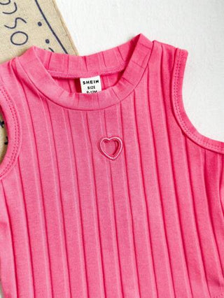 SHEIN 2 قطعة/ مجموعة، ملابس علوية بسيطة للأطفال الرضع والأطفال الصغار من عمر 0-3 سنوات للربيع والصيف، بياقة مستديرة وبدون أكمام وخصر قصير، من قماش القطن المحبوك، باللونين الوردي والأبيض