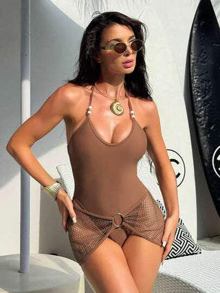 مايوه حريمي قطعة واحدة Swim SXY بدلة سباحة قطعة واحدة للنساء بحمالات رفيعة وتصميم ظهر مفتوح مربوط مزين باللؤلؤ، مع تنورة شبكية ذات خط A طقم من قطعتين