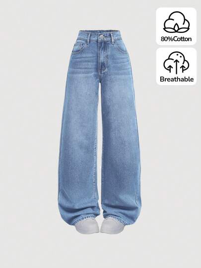 SHEIN سراويل جينز بساق واسعة مغسولة للبنات المراهقات الكاجوال