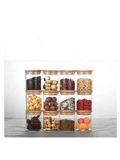 1 حبة و 12 مجموعة من جرار التخزين كبيرة السعة، قناني مع غطاء من الخيزران عالي الشفافية، حاويات تخزين طعام، زجاجات. مناسبة لتخزين حبوب القهوة والشاي والحلويات والتوابل، مستلزمات المطبخ وتنظيمه.