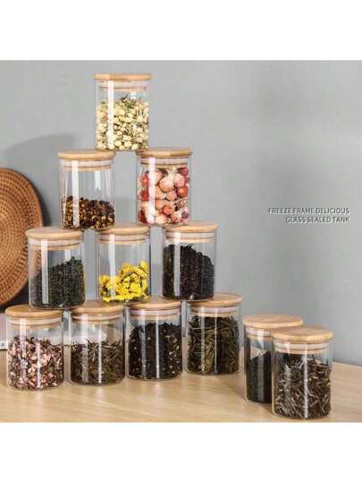 1 حبة و 12 مجموعة من جرار التخزين كبيرة السعة، قناني مع غطاء من الخيزران عالي الشفافية، حاويات تخزين طعام، زجاجات. مناسبة لتخزين حبوب القهوة والشاي والحلويات والتوابل، مستلزمات المطبخ وتنظيمه.