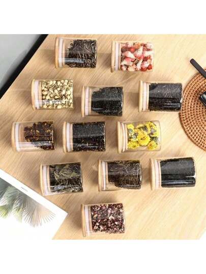 1 حبة و 12 مجموعة من جرار التخزين كبيرة السعة، قناني مع غطاء من الخيزران عالي الشفافية، حاويات تخزين طعام، زجاجات. مناسبة لتخزين حبوب القهوة والشاي والحلويات والتوابل، مستلزمات المطبخ وتنظيمه.