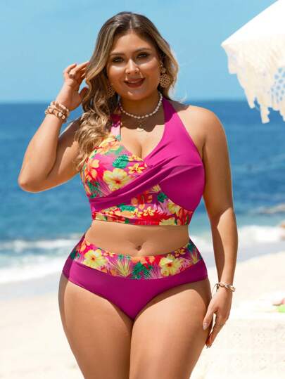 Swim Lushoire مجموعة بكيني حلقي مطبوع بالأزهار للنساء ذوات الأحجام الكبيرة مع لون سادة مطابق