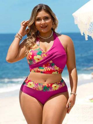 Swim Lushoire مجموعة بكيني حلقي مطبوع بالأزهار للنساء ذوات الأحجام الكبيرة مع لون سادة مطابق