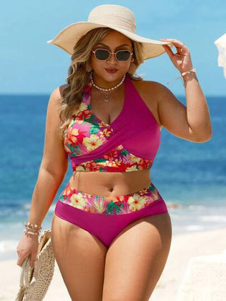 Swim Lushoire مجموعة بكيني حلقي مطبوع بالأزهار للنساء ذوات الأحجام الكبيرة مع لون سادة مطابق