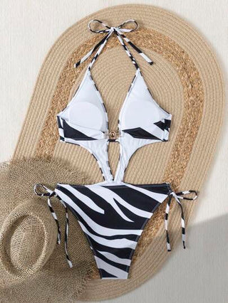 مايوه حريمي قطعة واحدة Swim Vcay قطعة واحدة من ملابس السباحة الحريرية الجذابة للسيدات بأربطة حول العنق واعدة بشرائط طبع زيبرا عشوائية