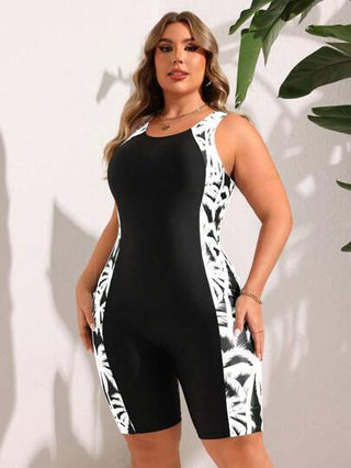 SHEIN Swim بدلة سباحة قطعة واحدة مطبوعة بأشجار النخيل، للسيدات ذوات الأحجام الكبيرة، للاستخدام في شاطئ الصيف والعطلات