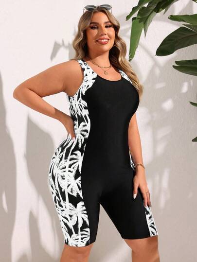 SHEIN Swim بدلة سباحة قطعة واحدة مطبوعة بأشجار النخيل، للسيدات ذوات الأحجام الكبيرة، للاستخدام في شاطئ الصيف والعطلات