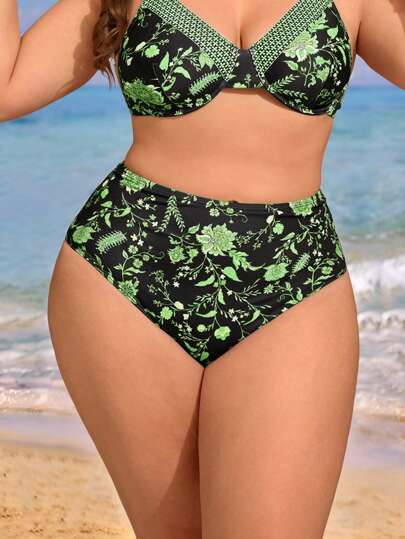 Swim Lushoire بيكيني سفلي طباعة زهور عالي الخصر أنيق لحجم إضافي للسيدات
