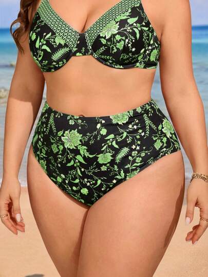 Swim Lushoire بيكيني سفلي طباعة زهور عالي الخصر أنيق لحجم إضافي للسيدات