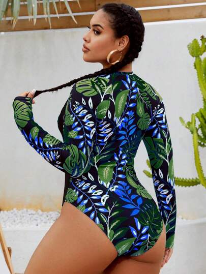 Swim SPRTY جمبسوت سباحة بقطعة واحدة وسحاب أمامي مطبوع عشوائي، كم طويل مرتدي، منحف للمرأة كبيرة الحجم ل- العطلة الشاطئية والاستجمام في المسبح