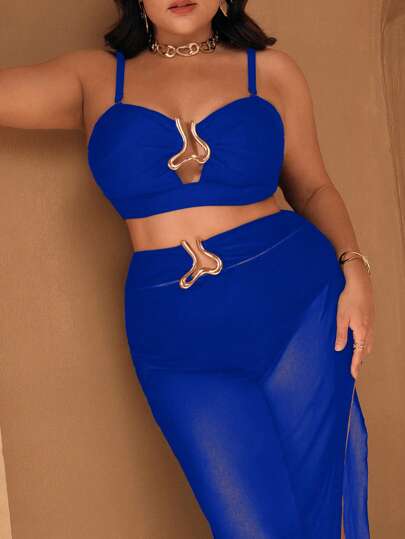 Swim Oasis مجموعة ثلاثية القطع للمرأة ذات المقاسات الكبيرة، قطعة بانديو سوداء فاخرة، مع أشرطة قابلة للفصل، بليزر بخصر عالي باللون الذهبي مع طبقة شبكية سوداء، مناسبة للصيف والعطلات الشاطئية