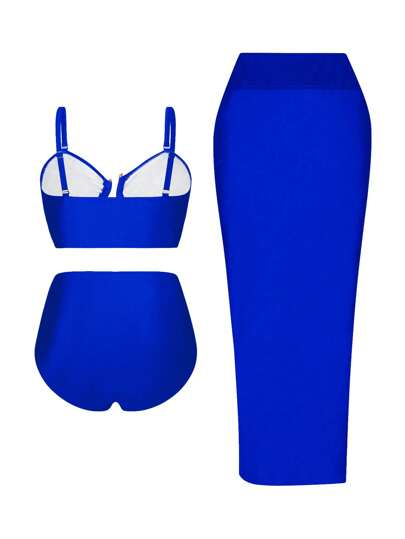 Swim Oasis مجموعة ثلاثية القطع للمرأة ذات المقاسات الكبيرة، قطعة بانديو سوداء فاخرة، مع أشرطة قابلة للفصل، بليزر بخصر عالي باللون الذهبي مع طبقة شبكية سوداء، مناسبة للصيف والعطلات الشاطئية