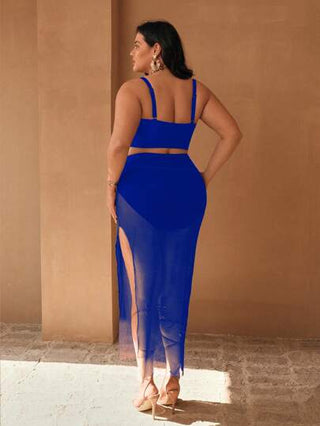 Swim Oasis مجموعة ثلاثية القطع للمرأة ذات المقاسات الكبيرة، قطعة بانديو سوداء فاخرة، مع أشرطة قابلة للفصل، بليزر بخصر عالي باللون الذهبي مع طبقة شبكية سوداء، مناسبة للصيف والعطلات الشاطئية