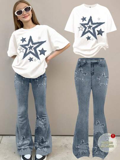 SHEIN مجموعة سروال ولباس علوي كاجوال بأكمام قصيرة للمراهقات 2 قطعة، صيفي