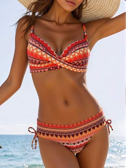 طقم تانكيني حريمي Swim Lushoire قطعتين / مجموعة بدلة سباحة بطبعات أنيقة، بيكيني عبارة عن سترة علوية برباط للشد الأمامي ذات سلك تحت الصدر،وشورت سحاب جانبي