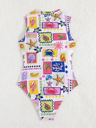 Swim SPRTY طقم صيفي للنساء من قصير الأكمام وعنق مستدير ذو سحاب أمامي لطباعة حياة المحيط وركوب الأمواج بألبسة كاجوال