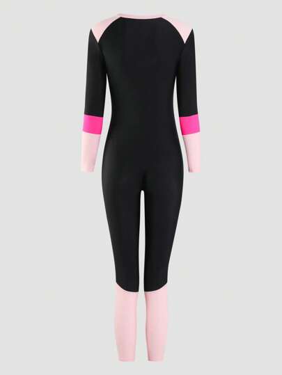 بدلة سباحة بأكمام طويلة من لون متضاد للفتيات المراهقات