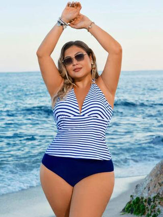 Swim Lushoire بيكيني تانكيني أنيق عادي بقصة عنق ولون مخطط للنساء كبيرات الحجم