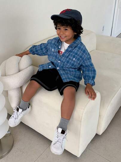 DAZY قميص كاجوال بأكمام طويلة مع ربطة أمامية للأولاد بطبعة المربعات