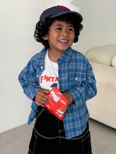 DAZY قميص كاجوال بأكمام طويلة مع ربطة أمامية للأولاد بطبعة المربعات