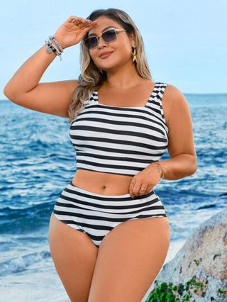 Swim Lushoire بكيني ملابس علوية للنساء المليئات الحجم قماش مخطط ظهر مكشوف