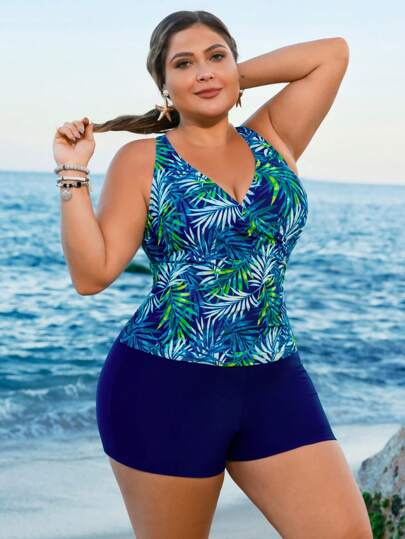 Swim Lushoire طقم سباحة مكون من ملابس علوية مخطط ورقي استوائي وسترة قصيرة باللون الأحادي بتجعيدة الخصر مناسب لحجم كبير من المرأة