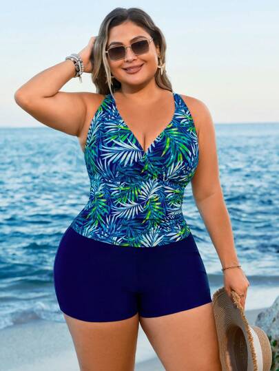 Swim Lushoire طقم سباحة مكون من ملابس علوية مخطط ورقي استوائي وسترة قصيرة باللون الأحادي بتجعيدة الخصر مناسب لحجم كبير من المرأة