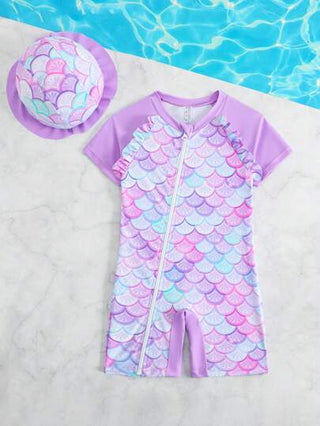 بدلة سباحة للفتاة الصغيرة بياقة رقعة، مطبوعة بنمط الحورية، مع كشكشة وسحاب
