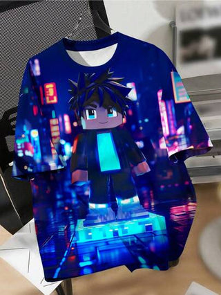 SHEIN تيشيرت جرافيك كاجوال ذو ياقة مربعة للفتيان المراهقين، يمتاز بطباعة شخصيات كرتونية، أبطال حضرية، مانغا، أنيمي، نيون، حضري، سايبربانك، ألعاب، تصميمات عالم ألعاب، مناسب للصيف