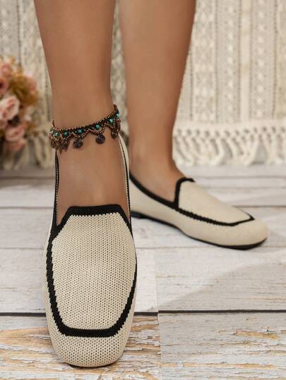 نساء كاجوال سكوير تو نعل قابل للانزلاق، أحذية مسطحة راحة إلى الخارج، شرائط ملونة عصرية