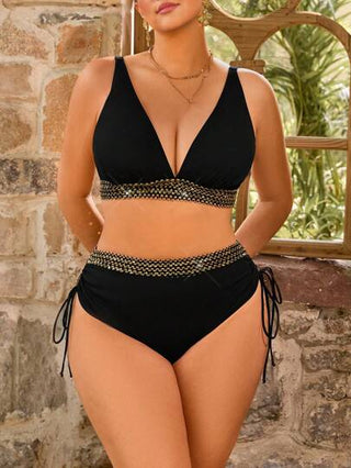 SHEIN Swim Curve مجموعة ملابس سباحة للمرأة البدينة من ملابس علوية مزين بحواف مرقشة وأسفل بتصميم مثلث مع ساق عادية، كاجوال للشاطئ والعطلات الصيفية
