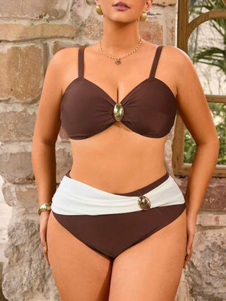 SHEIN Swim Curve بيكيني ذو قطعتين باللون البني المحدد للنساء متناسق الأحجام، ملابس استجمام عارضة للشاطئ