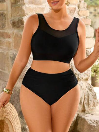 SHEIN Swim Curve مجموعة بيكيني من نوع جسم قصير ثلاثي القطع ، حجم كبير، رقبة مدورة ومن القماش الشاش المثير وبطول عالي الخصر بشرائح مجعدة مناسب للربيع والصيف