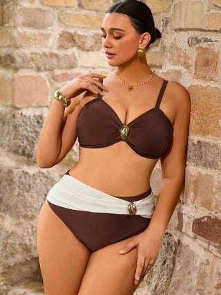 SHEIN Swim Curve بيكيني ذو قطعتين باللون البني المحدد للنساء متناسق الأحجام، ملابس استجمام عارضة للشاطئ