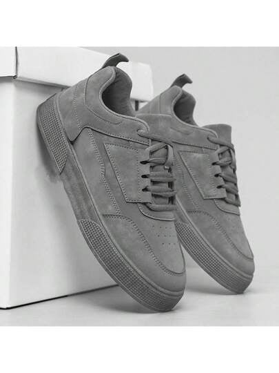 أحذية رياضة رمادية الجانب ربطة الحذاء الرجالية, أحذية رياضية بطريقة بسيطة وتصميم أنيق برقبة مستديرة وتصميم سميك القاع لزيادة الارتفاع