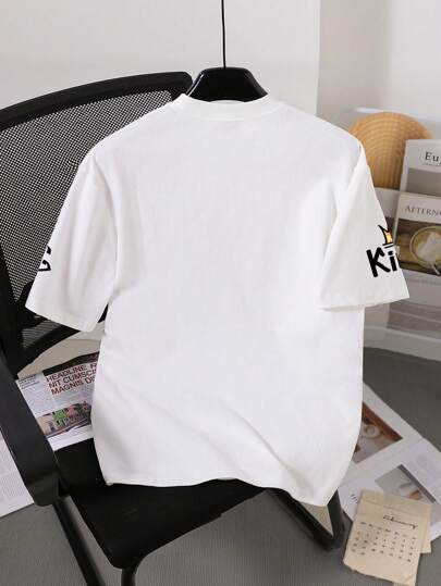 قميص تي شيرت بأكمام قصيرة وياقة دائرية بنمط بسيط وكاجوال للأولاد الصغار