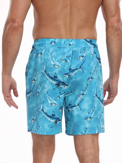 Manfinity Swimmode صورة قرش صيفية كاجوال عصرية للرجال , شورتات شاطئ بخصر قابل للربط ، سراويل السباحة الرجالية ، هاواي