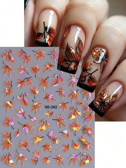 قطعتان من ملصقات فن الأظافر بتصميم أوراق خريفية وأسلوب لون قيقب دافئ، مع تأثير الليزر والصدف، مناسبة لهواة الأظافر والنساء والفتيات للاستخدام DIY، للمواسم الخريفية والشتوية