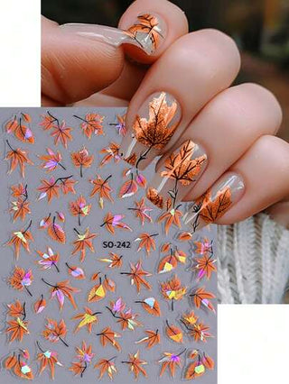 قطعتان من ملصقات فن الأظافر بتصميم أوراق خريفية وأسلوب لون قيقب دافئ، مع تأثير الليزر والصدف، مناسبة لهواة الأظافر والنساء والفتيات للاستخدام DIY، للمواسم الخريفية والشتوية