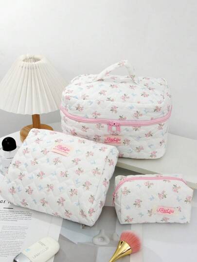 حقيبة كونماتيك متعددة الوظائف مبطنة بنمط الأقواس الزرقاء والأزهار، للتخزين المحمول للأحمر الشفاه والفرش والعناية بالبشرة والهواتف والعملات والأغراض الصغيرة، للمنزل والسفر، مع سحاب للغلق