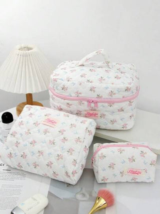 حقيبة كونماتيك متعددة الوظائف مبطنة بنمط الأقواس الزرقاء والأزهار، للتخزين المحمول للأحمر الشفاه والفرش والعناية بالبشرة والهواتف والعملات والأغراض الصغيرة، للمنزل والسفر، مع سحاب للغلق