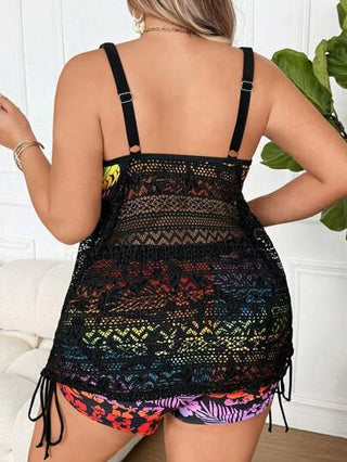 SHEIN CURVE+ بيكيني مقاس كبير للسيدات 2 قطعة، بلوزة سباحة جزئية منقوشة بالورود وطرقة الدانتيل بدون أكمام للاستخدام الصيفي في العطلات